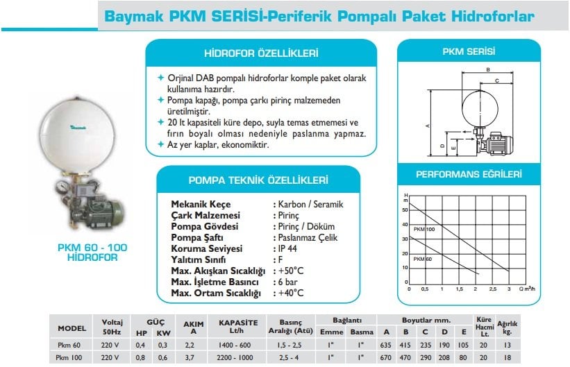 Baymak PKM 100 Hidrofor Özellikleri