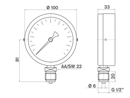 Pakkens 0-60 Bar 100 mm Alttan Bağlantılı Kuru Manometre