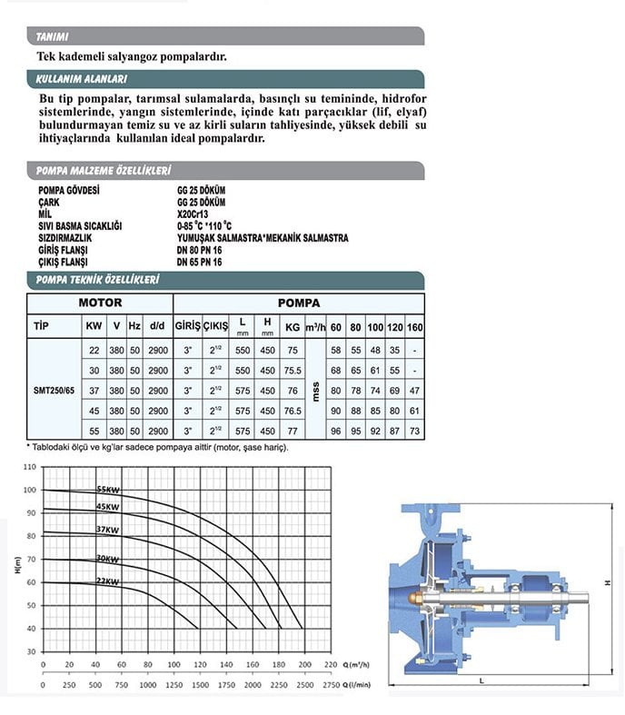 Sumak SMT 250/65 22 KW 2900 D/D Motorlu Salyangoz Pompa