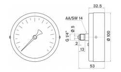 Pakkens 0-100 Bar 100 mm Arkadan Bağlantılı Kuru Manometre G 1/4 inç - 2