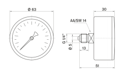 Pakkens 0-100 Bar 63 mm Arkadan Bağlantılı Kuru Manometre G 1/4 inç - 2