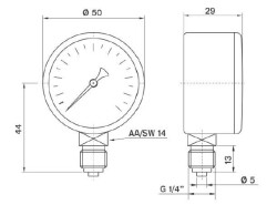 Pakkens Çap 50 0/10 Bar Kuru Tip Basınç Ölçer, Manometre, Basınç Göstergesi 1/4'' - 2