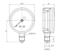 Pakkens Çap 63 0/1 Bar Kuru Tip Basınç Ölçer, Manometre, Basınç Göstergesi 1/4'' - 2