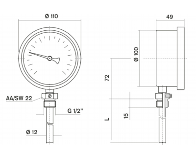 Pakkens Termometre 0-120 °C Çap 100 mm Daldırma Boyu 10 cm Alttan Bağlantılı G 1/2 inç - 2