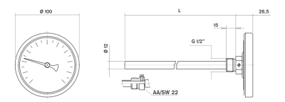 Pakkens Termometre 0-160 °C Çap 100 mm Daldırma Boyu 10 cm Arkadan Bağlantılı G 1/2 inç - 2