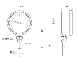 Pakkens Termometre 0-300 °C Çap 100 mm Daldırma Boyu 10 cm Alttan Bağlantılı G 1/2 inç - 2