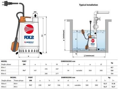 Pedrollo RX 5 Flatörlü Full Paslanmaz Drenaj Dalgıç Pompa Trifaze(380 Volt) 20 mss 18 m³/h - 4