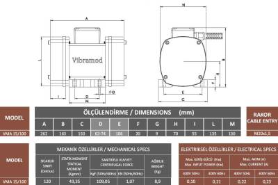 Vibramod VMA 15/100 Vibrasyon Motoru Trifaze (380V) 1500 Devir 109,05 Kgf 0.10 Kw - 3