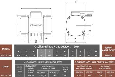 Vibramod VMA 15/1500 Vibrasyon Motoru Trifaze (380V) 1500 Devir 1528,72 Kgf 0.95 Kw - 3