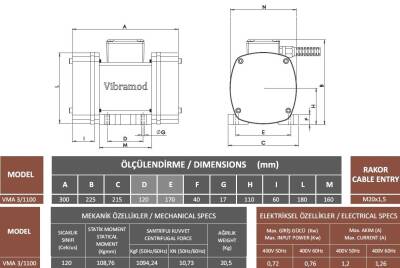 Vibramod VMA 3/1100 Vibrasyon Motoru Trifaze (380V) 3000 Devir 1094,24 Kgf 0.72 Kw - 3