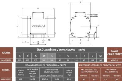 Vibramod VMA 3/1500 Vibrasyon Motoru Trifaze (380V) 3000 Devir 1495,15 Kgf 1.4 Kw - 3