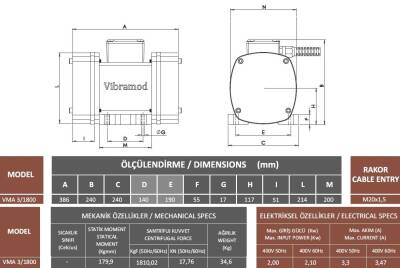 Vibramod VMA 3/1800 Vibrasyon Motoru Trifaze (380V) 3000 Devir 1810,10 Kgf 2 Kw - 3