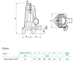 Wilo Grinder 7.20M Parçalayıcı Bıçaklı Foseptik Dalgıç Pompa 22 mss 7 m³-h 220 Volt - 2