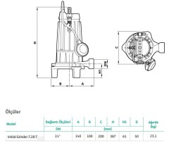 Wilo Grinder 7.20T Parçalayıcı Bıçaklı Foseptik Dalgıç Pompa 22 mss 7 m³/h 380 Volt - 2